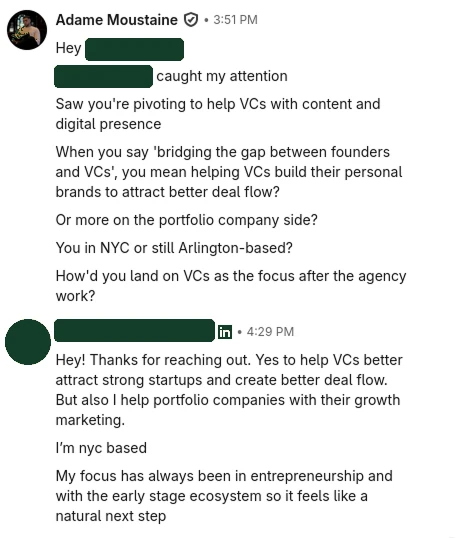 VC outreach: a LinkedIn conversation opened with the protocol, names blacked out