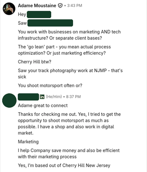 Marketing and ops: a LinkedIn conversation opened with the protocol, names blacked out