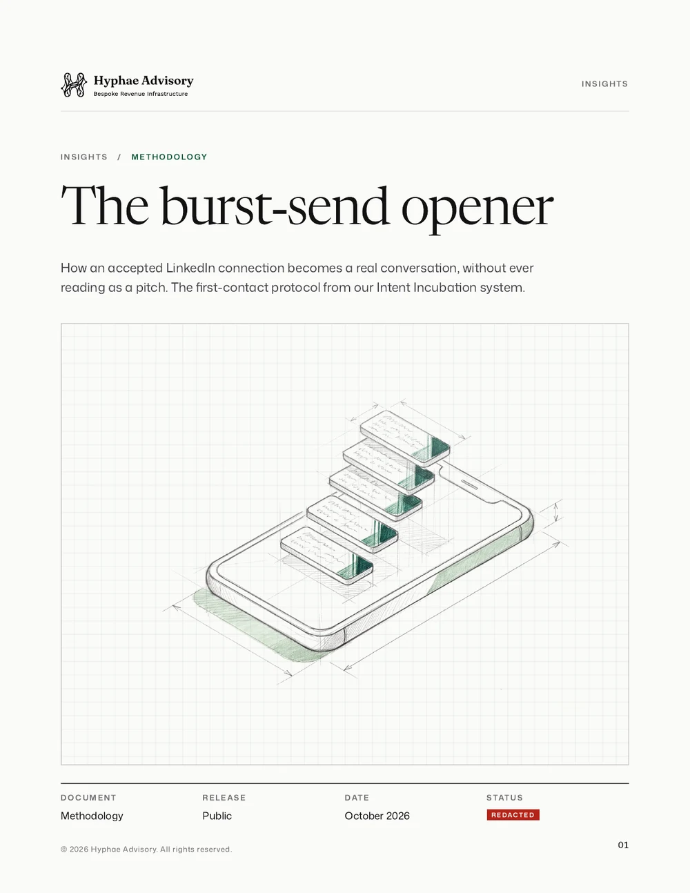 The cover of The Burst-Send Opener, a 14-page guide from Hyphae Advisory
